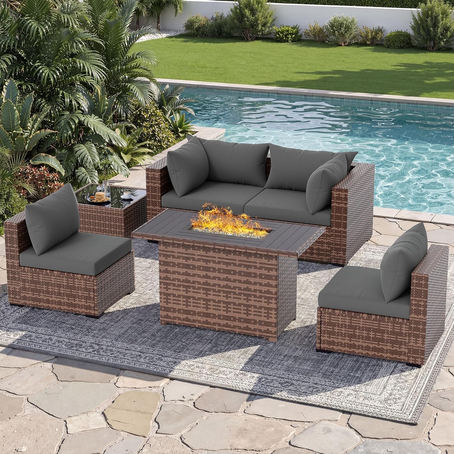 Outdoor Furniture Set With Fire Pit - Conjunto de Sofá Seccional para Exteriores
